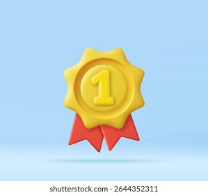 Distintivo 3d Golden de primeiro lugar com caudas de fita vermelha, campeonato ou sucesso de competição. Trendy esporte de ouro ou prêmio de negócios, emblema de vitória abstrata. renderização 3d. Ilustração vetorial