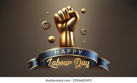 3D Golden Fist Labour Day Celebration with Dark Blue Ribbon, Vector Illustration