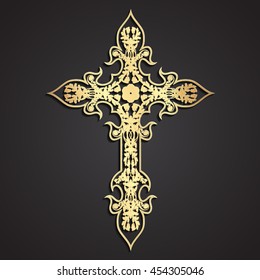 3d golden floral ornament stylized cross / vector illustration