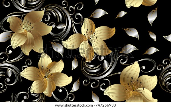 3dの金色の花のシームレスな模様 花柄の背景 ビンテージ3d壁紙 渦糸状のアートトレーサーの花柄 Ornate Surface Vectorテクスチャー 銀色の葉 点 金色の3d花と影 のベクター画像素材 ロイヤリティフリー