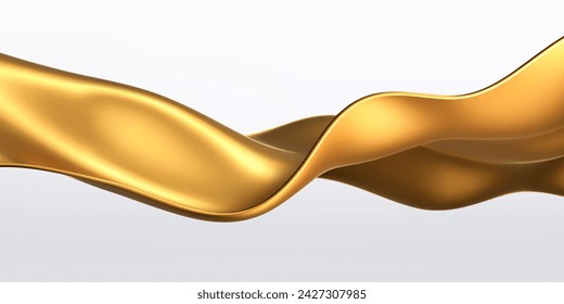 3d golden fluid silk ribbon, gold liquid wave isolated on light background. Render of luxury cloth or curtain with wavy folds and shiny gradient effect flying in motion. 3D vector motion background