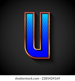 3d Golden font with gold contour, trendy metal alphabet, modern letter U with grid texture, vector illustration 10eps