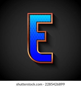 3d Golden font with gold contour, trendy metal alphabet, modern letter E with grid texture, vector illustration 10eps