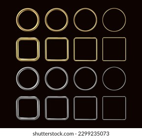 3d golden frames. Circular and square gold and silver shiny border rings, realistic metal simple round and rectangular wedding decoration. Vector set. Minimal geometric shapes, border templates