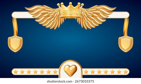 Botón de juego dorado 3D con corona, alas, escudo. Marco de oro, elemento de menú del juego de UI. Ilustración vectorial de stock sobre fondo aislado azul.