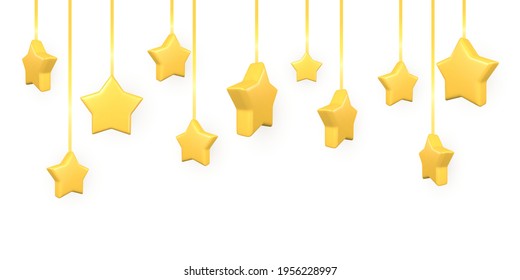 3d golden garland of stars. Holiday design element. Realistic 3d yellow star. Vector illustration.