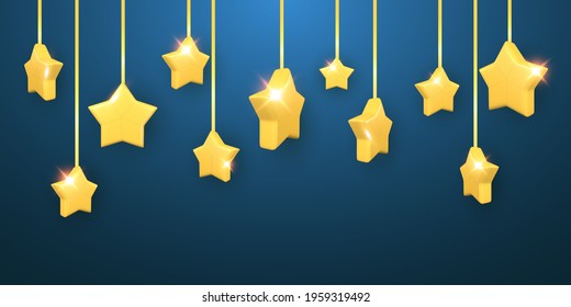 3d golden garland of stars. Holiday design element. Realistic 3d yellow star. Vector illustration.