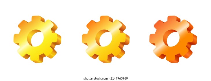 3d golden Gears. Set of three isometric gears. Vector clipart isolated on white background.