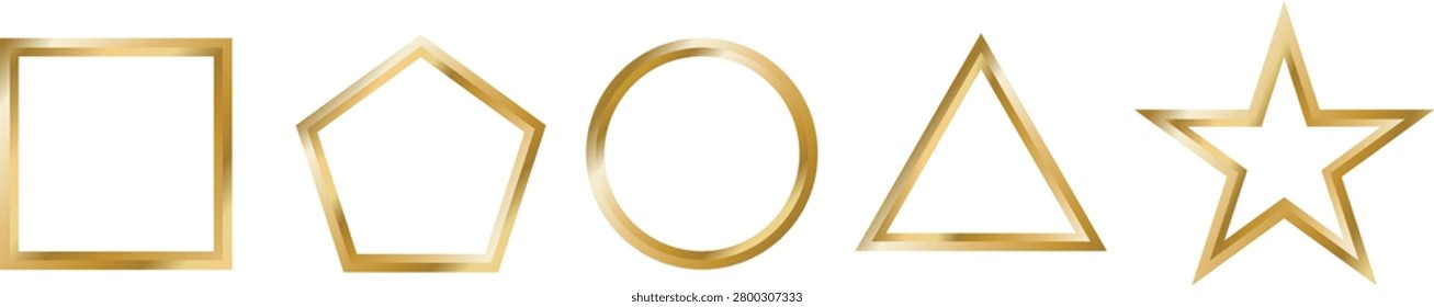3D golden geometric frame border set with beveled metallic line circle square triangle pentagon and star for luxury logo and jewelry branding