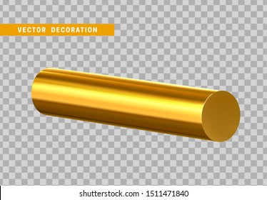 3d Golden Geometric Shapes Objects Round Steel, Bar, Metal Round Timber. Realistic Geometry Elements On Metallic Color Gradient. Render Decorative Gold Figure For Design. Vector Illustration