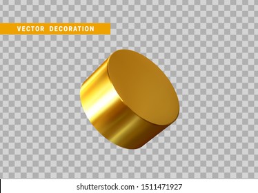 3d Golden Geometric Shapes Objects round steel, bar, metal round timber. Realistic geometry elements on metallic color gradient. Render Decorative gold figure for design. vector illustration