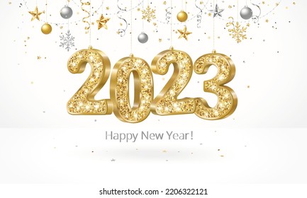 3d golden glitter numbers 2023 hanging on strings. Happy new year banner. Background with gold and silver confetti. Christmas decoration frame, vector. For holiday headers, party posters.