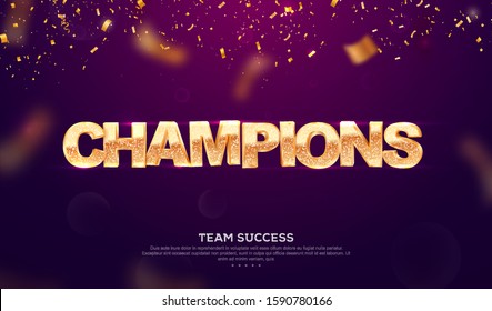 3d golden glitter word champions vector illustration. Winning celebration web banner. Championship cup win sign template on dark background