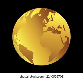 3d globo dorado.Icono de la Tierra del planeta dorado.Ilustración vectorial.