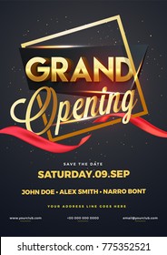 3D Golden Glossy Text Grand Opening In Frame With Red Shiny Ribbon Template Or Flyer.
