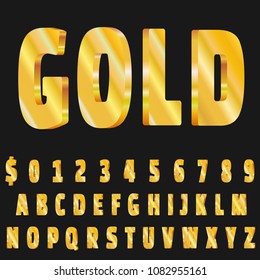 3d golden glossy vector font. Yellow metal typeface. Vector illustration