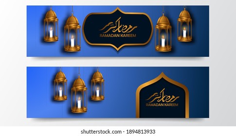 3d golden hanging fanoos lantern with blue background for ramadan mubarak banner template (text translation = blessed Ramadan)