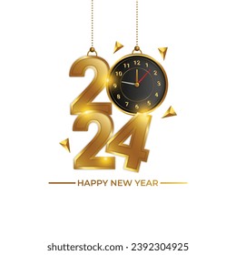 3d golden hanging luxury 2024 happy new year gold wishes with fireworks clipart sticker greetings background banner
