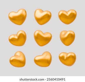 3D golden heart rotation. Vector Valentines day symbol in different view. Realistic romantic gold symbol front and other angles. Glossy gold hearts on white background. Love and valentines day concept