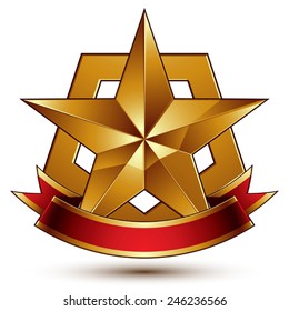 3d golden heraldic blazon with glossy pentagonal star, clear EPS 8 vector. Decorative coat of arms with red wavy ribbon, defense symbol.  