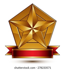 3d golden heraldic blazon with glossy pentagonal star, best for web and graphic design, clear EPS 8 vector. Decorative coat of arms with red wavy ribbon, defense symbol.  