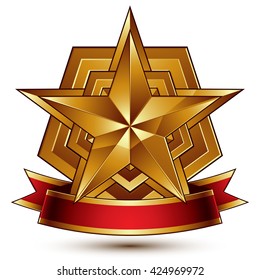 3d golden heraldic blazon with glossy pentagonal star, best for web and graphic design, vector. Decorative coat of arms with red wavy ribbon, defense symbol. 