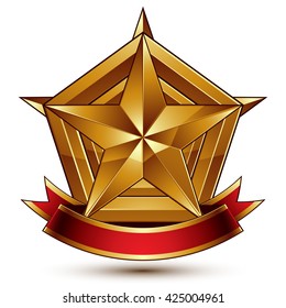 3d golden heraldic blazon with glossy pentagonal star, best for web and graphic design, clear EPS8 vector. Decorative coat of arms with red wavy ribbon, defense symbol. 