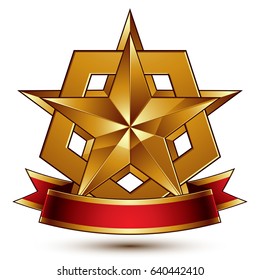 3d golden heraldic blazon with glossy pentagonal star, best for web and graphic design, clear EPS 8 vector. Decorative coat of arms with red wavy ribbon, defense symbol. 