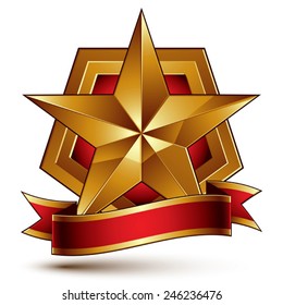 3d golden heraldic blazon with red filling and glossy pentagonal star, graphic design, clear EPS 8 vector. Decorative coat of arms with red wavy ribbon, defense symbol.  