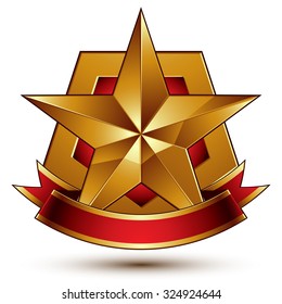 3d golden heraldic blazon with red filling and glossy pentagonal star, best for web and graphic design, clear EPS8 vector. Decorative coat of arms with red wavy ribbon, defense symbol. 