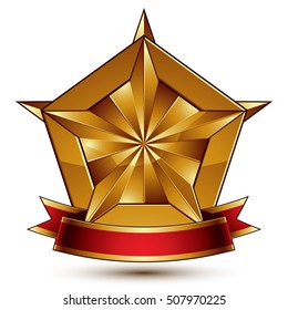 3d golden heraldic blazon with red filling and glossy pentagonal star, best for web and graphic design, clear EPS 8 vector. Decorative coat of arms with red wavy ribbon, defense symbol.