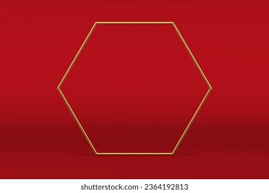 3d cuadro hexagonal dorado de promoción de lujo base estudio de fondo rojo promo de la ilustración vectorial de la sala de exposición. Borde hexágono realista elegante forma geométrica elemento decorativo moda premium show de productos