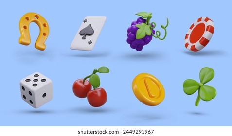 3D golden horseshoe, ace of spades, grape, poker chip, dice, cherry, coin, shamrock