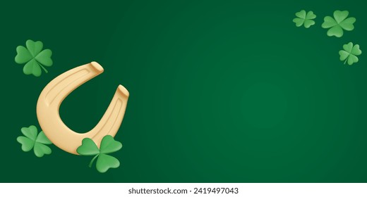 3D Golden horseshoe with clover leaves on green background with copy space. St. Patrick's day banner template. Luck talisman render. Spring holiday flyer. Vector illustration.