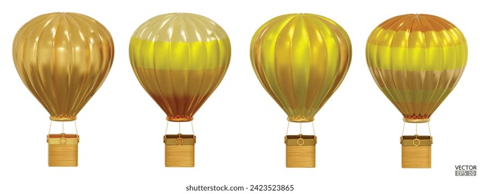 3D golden hot air balloons with gold baskets travel isolated on white background. Summer balloon journey. 3D vector illustration.