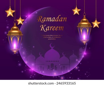 3D goldene islamische Laterne und Sterndekoration mit schimmerndem lila Hintergrund. geeignet für Ramadan, Raya Hari, Eid al Adha islamischen Urlaub