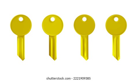 3d golden keys vector mockup set. Realistic metal latchkeys as symbols of security, safety, property ownership and open access