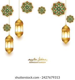 3d golden lantern islamic lamp ramadan kareem eid mubarak greetings.Translation: "Greetings of muslim holy month of fasting".