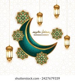 3D goldene Laterne Islamische Lampe Ramadan Kareem Eid Mubarak Grüße.Übersetzung: "Grüße des muslimischen heiligen Monats des Fastens".