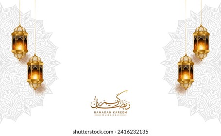 3d golden lantern Islamic ramadan kareem eid mubarak empty horizontal background banner design. Translation. "Muslim fasting month and celebration day after fasting."