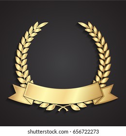 3d golden laurel wreath with ribbon label 