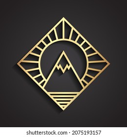 3d golden linear landscape logo with mountain and sun