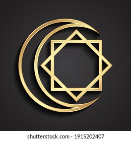 3d golden linear shape moon and geometric star logo