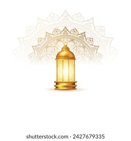 3d golden lit up lantern islamic lamp ramadan kareem eid mubarak greetings.Translation: "Greetings of muslim holy month of fasting".