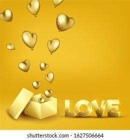 3D Goldener Liebestext mit Lichteffekt und Herzblasen, die aus einer überraschenden Geschenkbox auf gelbem Hintergrund hervorgehen.