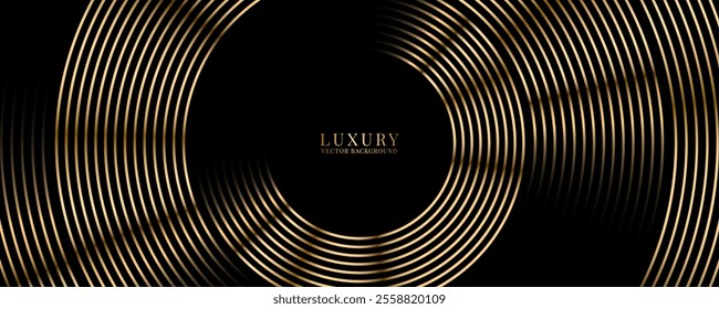 3D golden luxury abstract background overlap layer on dark space with circles lines decoration. Modern graphic design element stripes style concept for web banner, flyer, card, or brochure cover