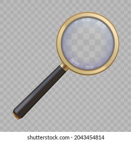 3d golden magnify glass with handle and lens zoom view. Realistic magnifier loupe. Search or analytic with magnifying tool vector concept. Examining, exploring details or doing research