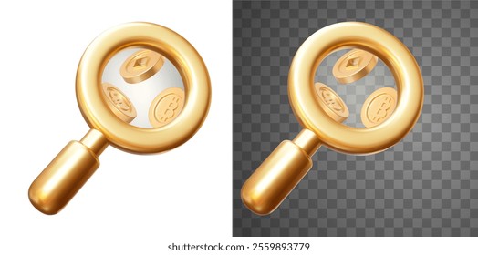 3d golden magnifying glass icon with Euro, Bitcoin and chinese coin. Cartoon style. Stock vector illustration on isolated background.