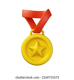 3d golden medal icon with star and red ribbon. Gold sport award for winner. Vector prize badge render illustration isolated on a white background