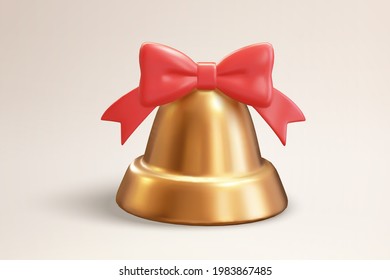 3d Golden metal bell with a red bow on top. Realistic bell illustration suitable for Easter, Christmas, and wedding decoration